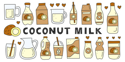 Set of doodle colored coconut milk isolated on white background. Plant based alternative beverages. Milk in glass jug, cup, plastic bottle, can, cardboard. Vegan calcium source. Healthy nutrition.