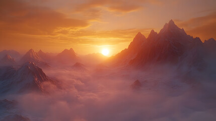 Sunrise over mountain peaks with clouds