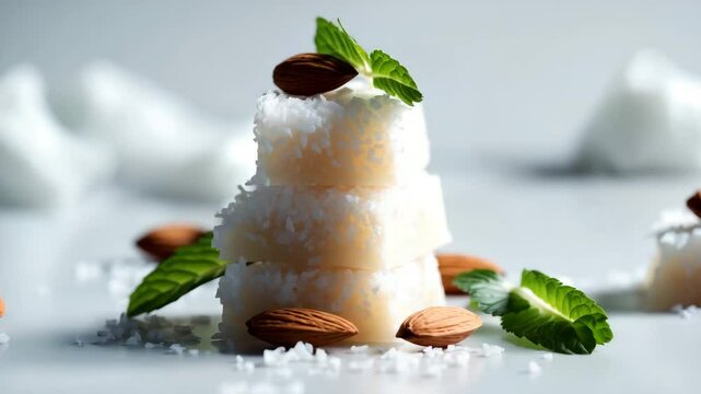 Delicious dessert made with coconut, milk, and sugar on a white backdrop.