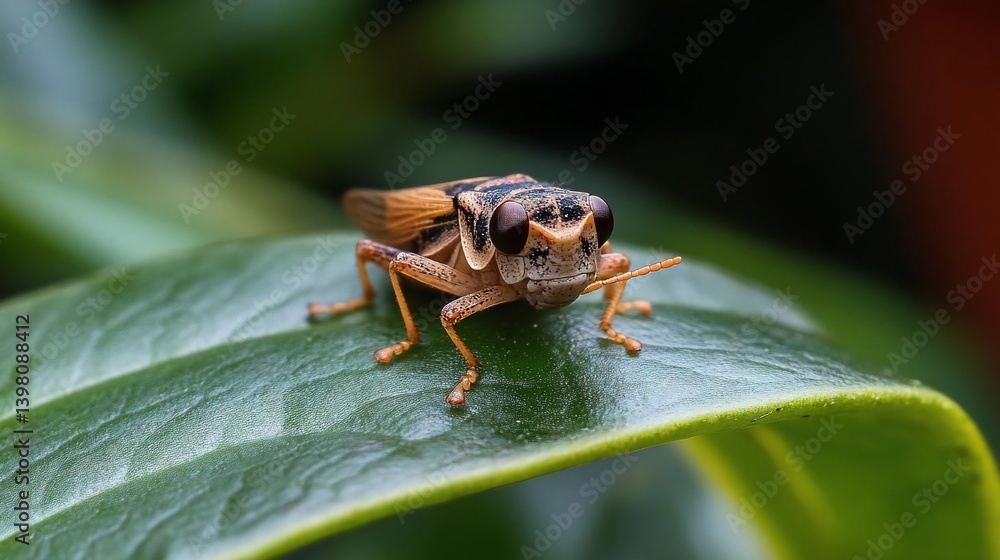 Poster close-up of a small, speckled brown insect on a vibrant green leaf. the insect's details are sharp, 