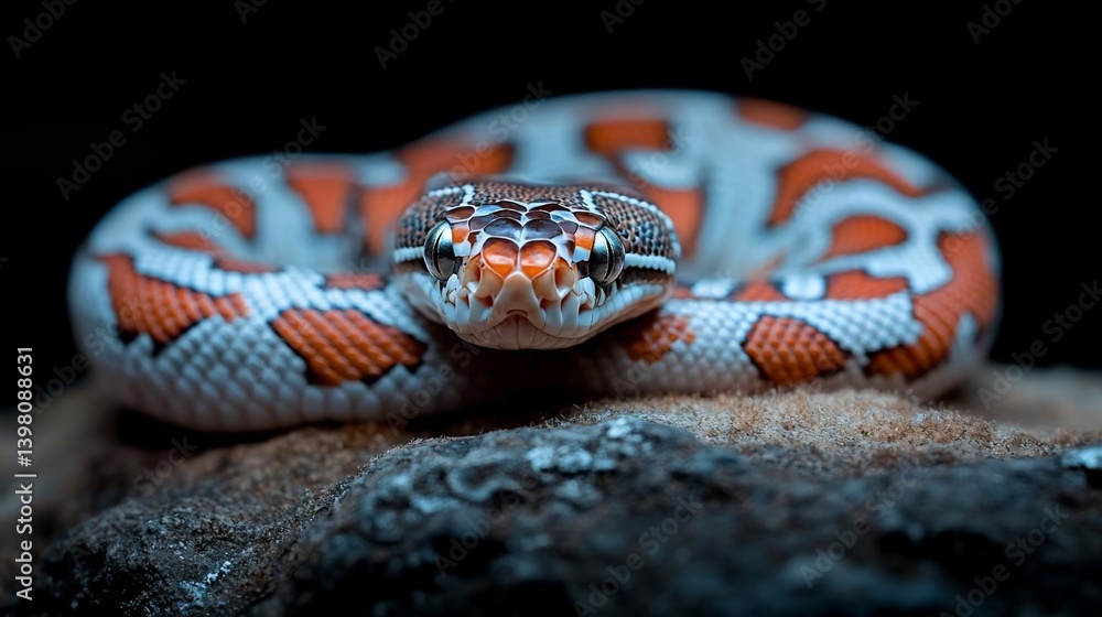 Poster close-up of an orange and white snake coiled on a dark rock, set against a black background. the sna