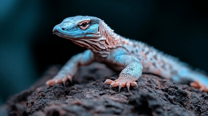 Close-up of a blue and gray lizard perched on a dark rock, set against a blurred dark background. The lizard's scales and textured skin are highly detailed. The image has a cool color tone
