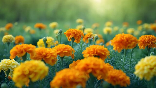Tagetes: Orange and yellow Marigolds blossom amidst a green background.