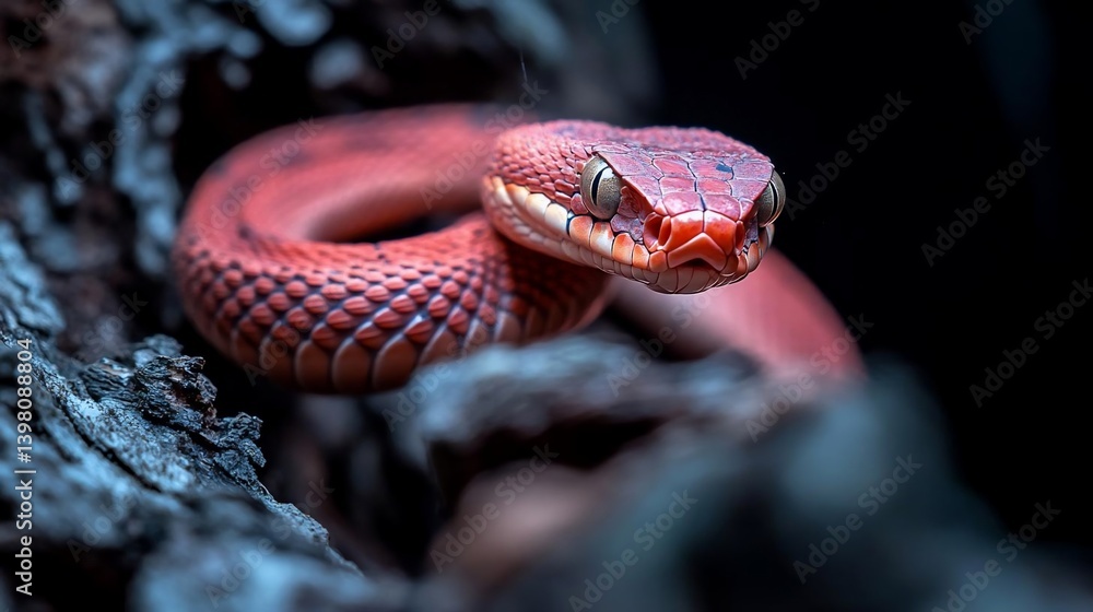 Poster close-up of a red snake coiled on dark gray textured wood, low-key lighting creates a dramatic effec