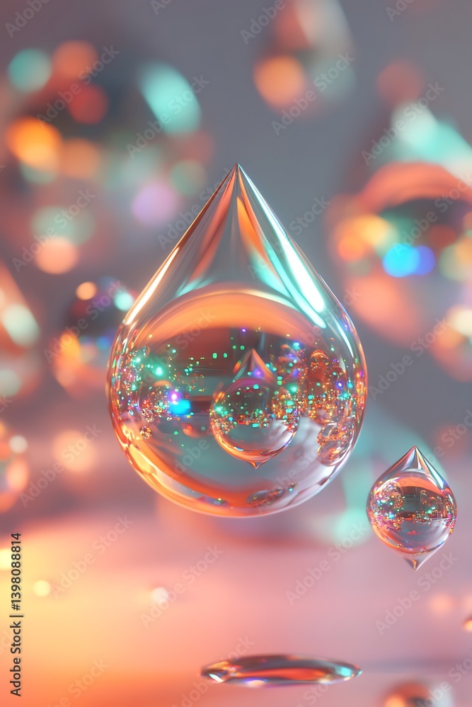 Poster a futuristic display of floating geometric spheres and triangles in metallic neon colors against a d