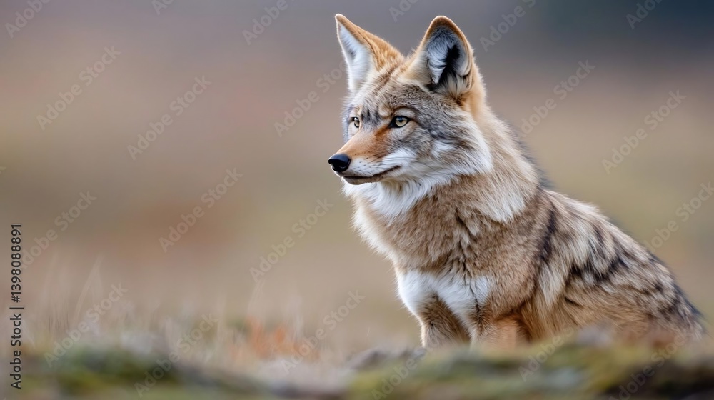 Poster a coyote sits alertly in a field of muted brown and tan grasses, its fur a mix of light and dark bro