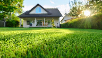 Fresh green grass, lawn with blurred house in background. Backyard landscaping.