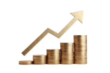 Gold coins and a growth arrow on a financial graph illustrate business investment success.