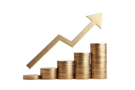 Gold coins and a growth arrow on a financial graph illustrate business investment success. - Powered by Adobe