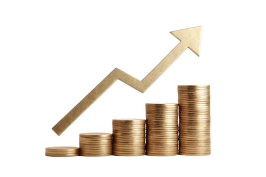 Gold coins and a growth arrow on a financial graph illustrate business investment success.