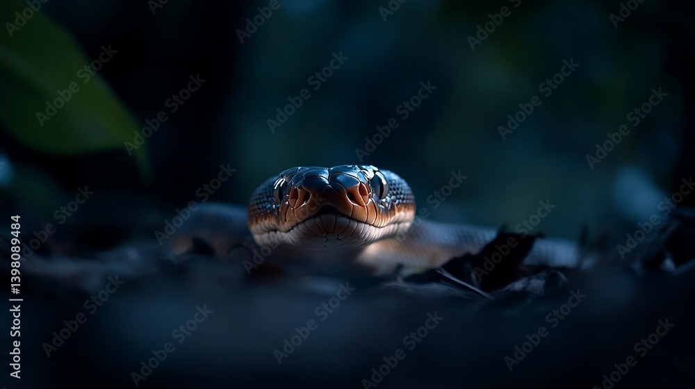 Poster close-up view of a snake's head and upper body, partially concealed in low light, with dark brown, b