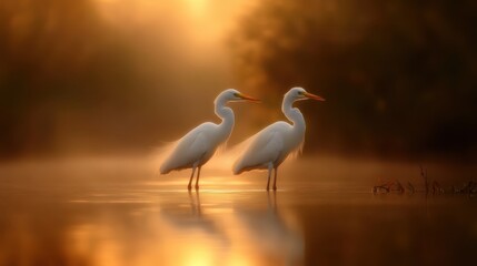 Naklejka premium A serene scene featuring two graceful white birds standing in shallow water during a stunning golden hour, showcasing tranquility and the beauty of nature's wildlife.