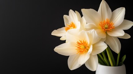 Naklejka premium A charming bouquet of delicate white flowers with orange accents is captured in a sleek white vase, set against a dark backdrop, creating a striking visual effect.