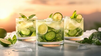 A stunning display of refreshing cucumber mint cocktails with ice against a sunset backdrop, celebrating the joy and relaxation of summer evenings with friends.