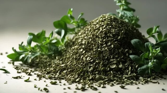 Detailed macro texture background pattern of oregano spice. Spilled macro oregano spice.