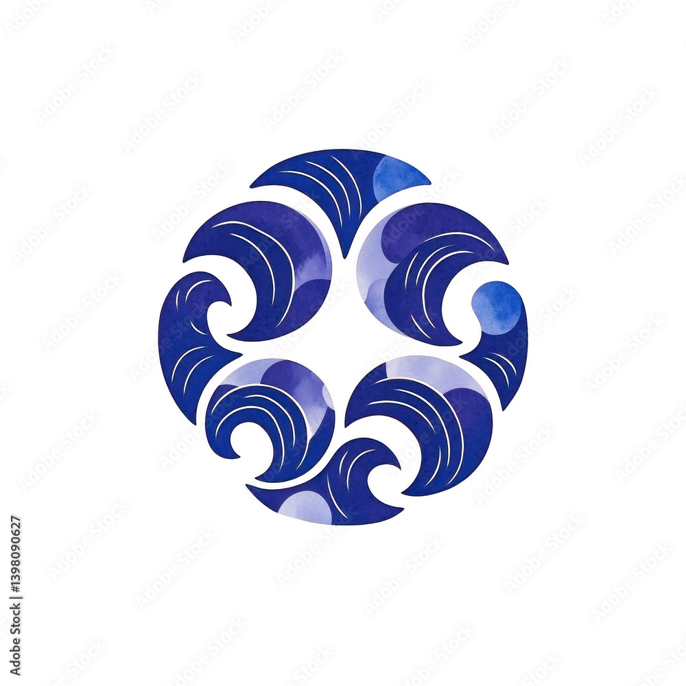 Poster this features circular design with swirling blue patterns, resembling ocean waves. abstract style an
