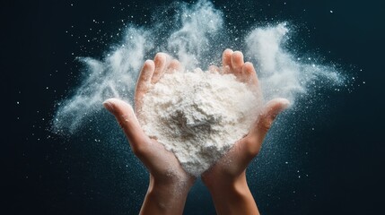 Two hands cradling a mound of flour, releasing a cloud of dust in the air, demonstrating the purity and softness of the ingredient in an artistic way.