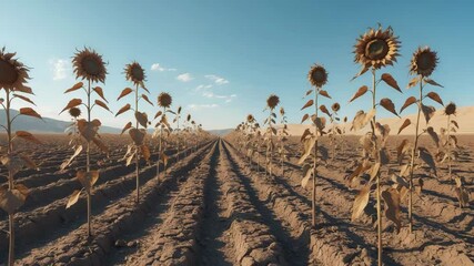 The impact of climate change - sunflower field completely dried out because of prolonged heat.