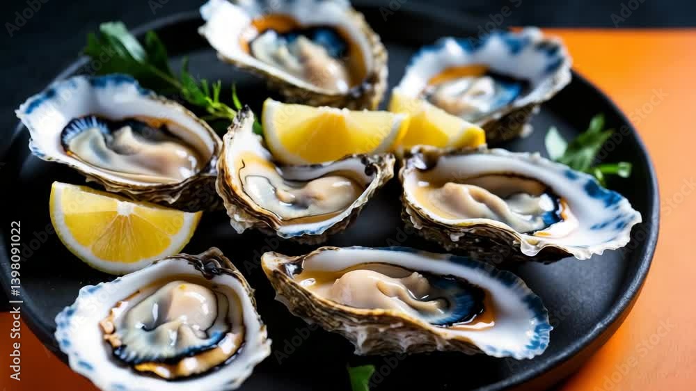 Aufkleber oysters arranged on a plate with lemon in the backdrop. a table adorned with oysters and lemon. fres