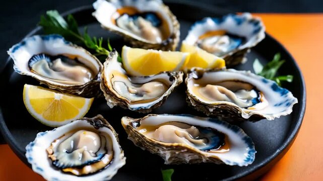 Oysters arranged on a plate with lemon in the backdrop. A table adorned with oysters and lemon. Fresh oysters seen from above. Nutritious seafood. An oyster meal paired with champagne. Seafood.