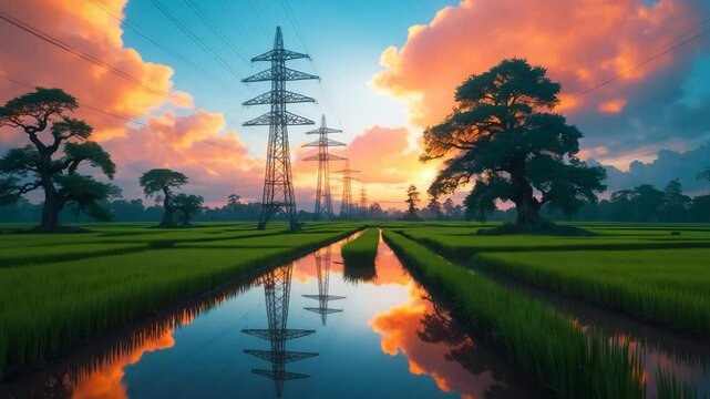 A vibrant and striking sunset sky with colorful clouds reflecting over a rice field beside rows of power pylons and nacre trees in the rural area. Background of Nature and Agriculture Industry.