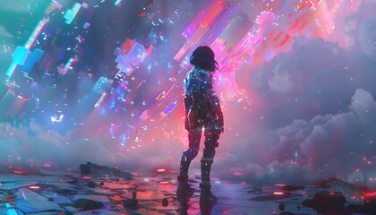 A punk warrior standing on a digital battlefield, her armor made of shifting holographic panels that adapt to the fight