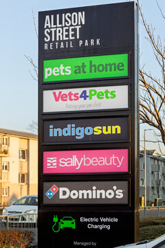 AYR, UK - APRIL 2, 2025: Allison Street Retail Park Entrance Signpost with Store Logos