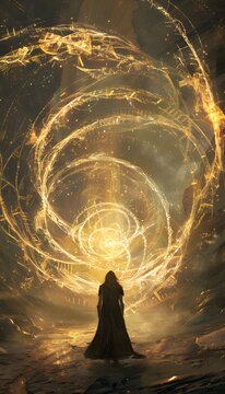 A mystical queen standing before an interdimensional gateway, the fabric of time bending around her in golden swirls