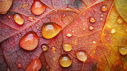 Obraz premium A close-up view of vibrant autumn leaves adorned with fresh water droplets, highlighting intricate vein patterns and rich colors like orange, red, and brown.