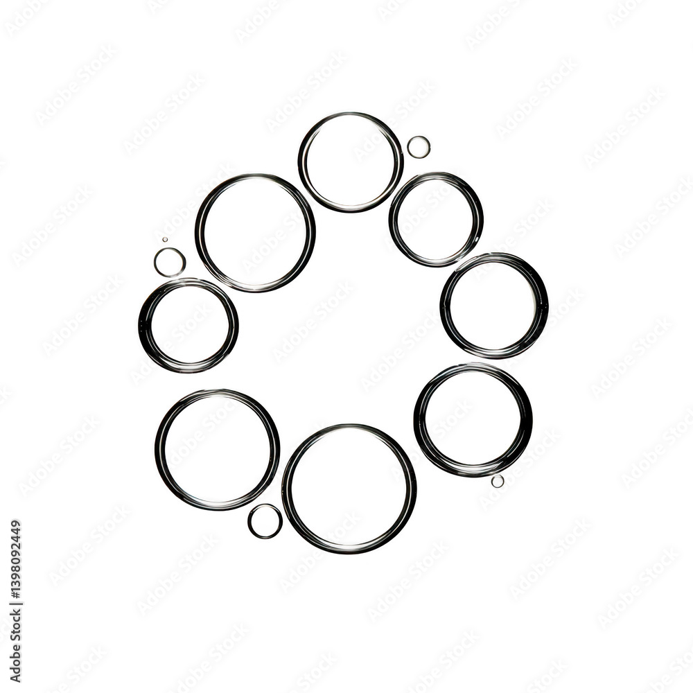 Poster collection of silver metal rings arranged circular pattern transparency background, showcasing vario
