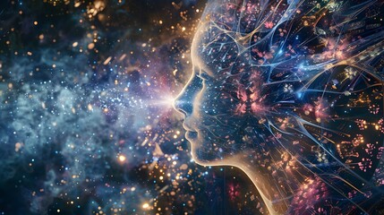 A cosmic queen ruling from a crystalline throne, stars orbiting her fingertips, cinematic celestial monarch
