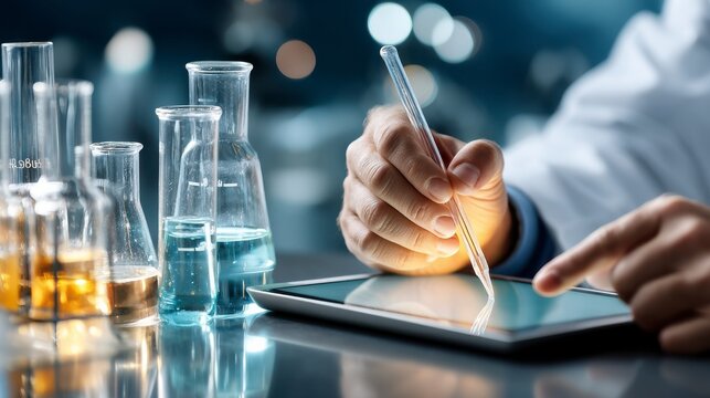 Scientist in Laboratory Using Digital Tablet while Conducting Experiments with Glassware