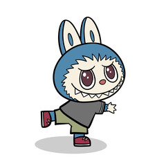 Playful Cartoon Monster in Bunny Hoodie Balancing on One Foot – Cute and Energetic Character