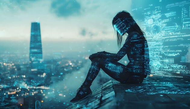 A cyberpunk hacker perched on the edge of a digital skyline, her holographic interface projecting a world of encrypted secrets
