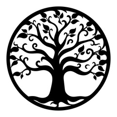 Ornate Black and White Tree of Life Symbol in Circle Design