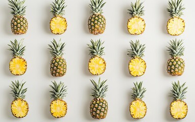Fresh pineapple slices and whole pineapples in a symmetrical pattern