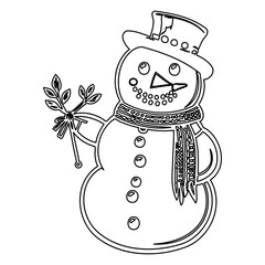 Whimsical snowman illustration in black and white outline for holiday crafts
