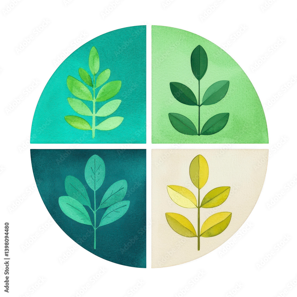 Poster four stylized leaves in circular design, each quadrant featuring different shade of green and yellow