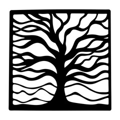 Stylized Black and White Tree Art in Square Frame  Abstract Nature Illustration
