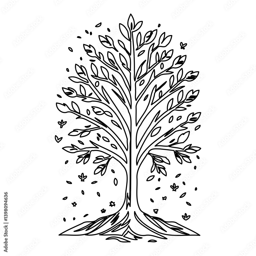 Poster artistic botanical representation with elegant tree and falling foliage design
