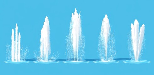 Water Fountain Display: An array of ornamental water fountains, exhibiting various spray patterns, is captured against a bright, aquamarine backdrop. Display of pure water movement and elegance.