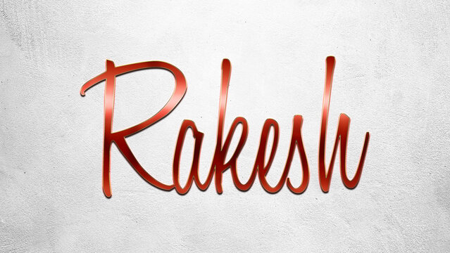 Red 3D text effect of Hindi name Rakesh on silver background.