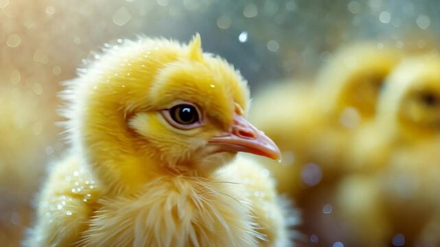 A solitary broiler chick gazes at the camera curiously. Shallow depth of field.