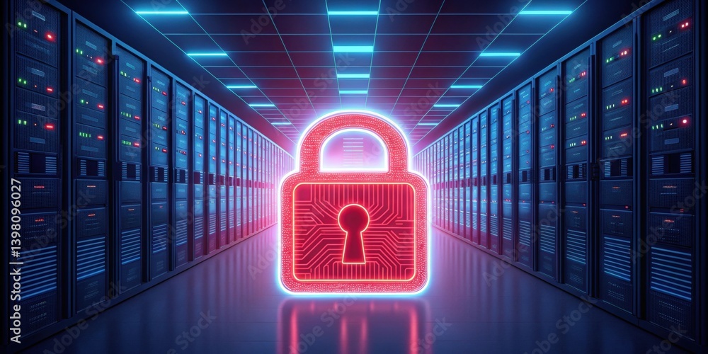 Poster digital padlock illuminated in a server room, symbolizing cybersecurity and data protection.