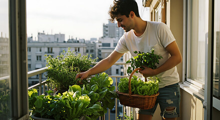 Young man harvesting herbs and lettuce from a balcony garden. Holding a small basket. Soft sunlight and cozy urban background.