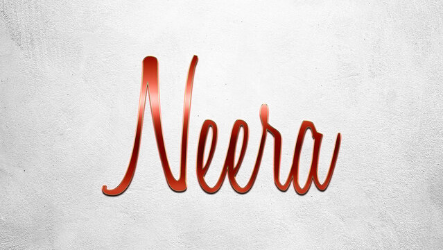 Red 3D text effect of Hindi name Neera on silver background.