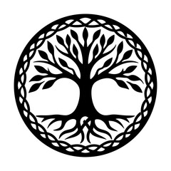Celtic Tree of Life Symbol in Circular Knotwork Design Black and White Illustration