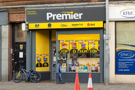 AYR, UK - APRIL 2, 2025: Premier Stores Local Convenience Shop with Multiple Services