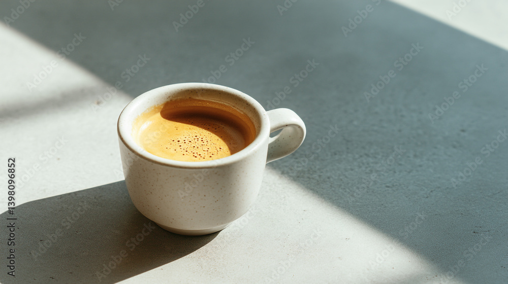 Poster a cup of espresso sitting on a white surface with light and shadow creating a simple aesthetic