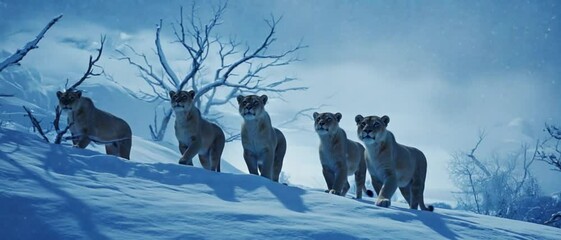 A group of extinct cave lions roams a snow-covered hill under a pale sky with bare trees. Concept of lost species, prehistoric predator, and Ice Age survival.